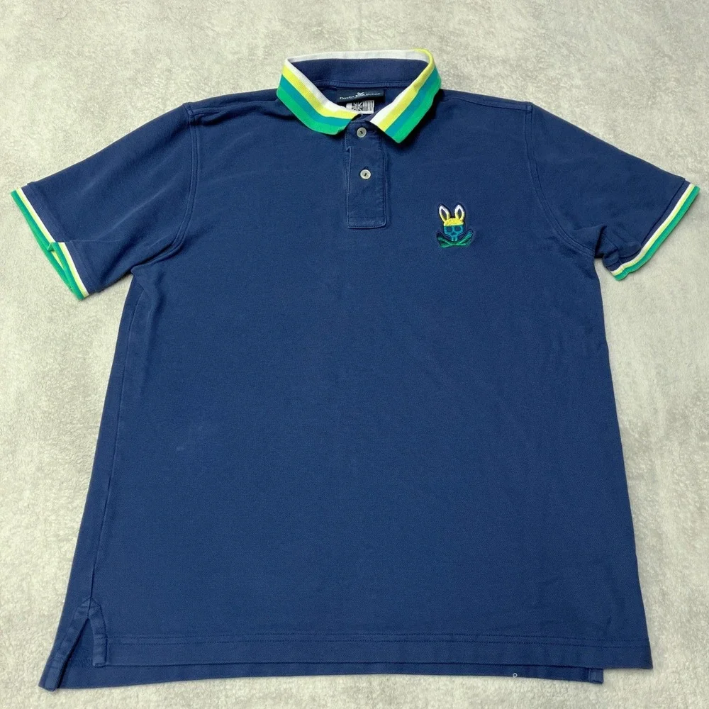 Psycho Bunny Polo Shirt Logo Navy Blue Striped Collar Peru Mens Size 5 L